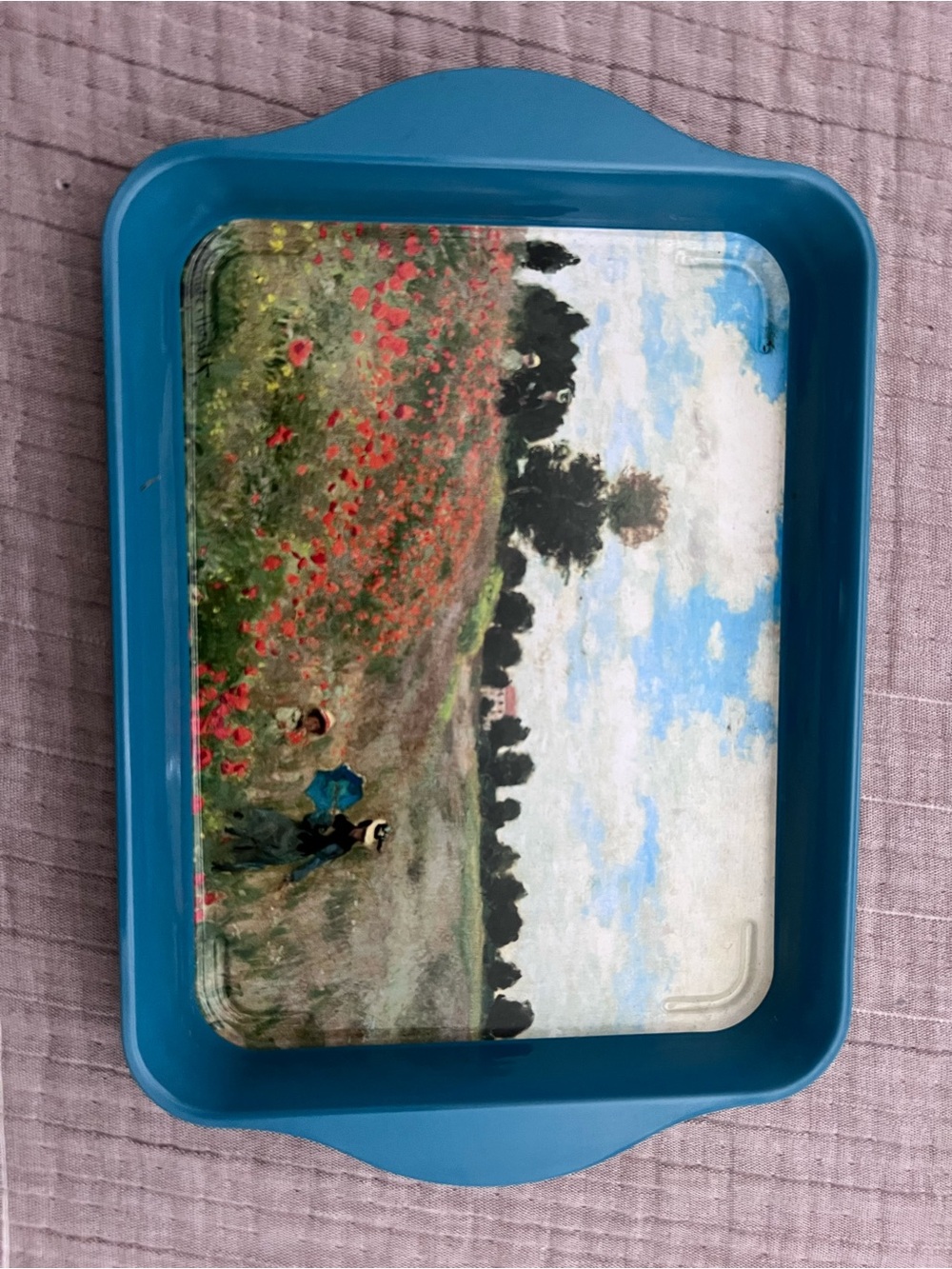 Blue Decorative Serving Tray with Meadow Art Scene